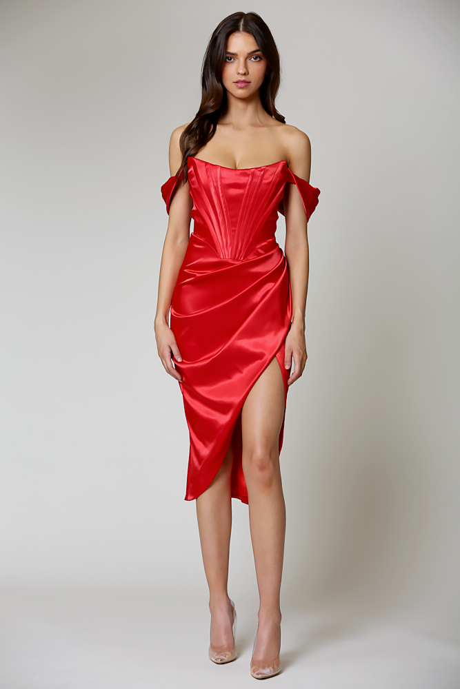 Red satin slim fit tube top corset long wrap dress